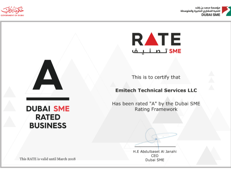 Emitech Technical Services awarded DUBAI SME RATING - A